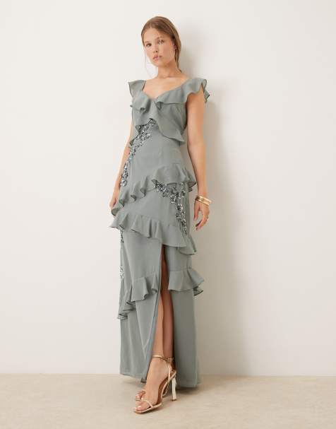 Maya Embellished strappy ruffle maxi dress in misty green