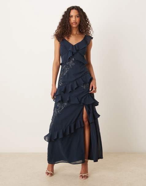 Maya Embellished strappy ruffle maxi dress in navy