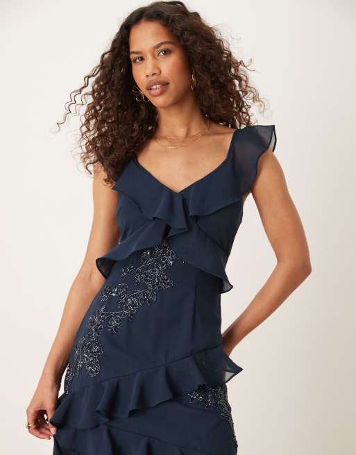 Maya Embellished strappy ruffle maxi dress in navy, 3 of 4
