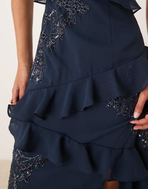 Maya Embellished strappy ruffle maxi dress in navy, 4 of 4