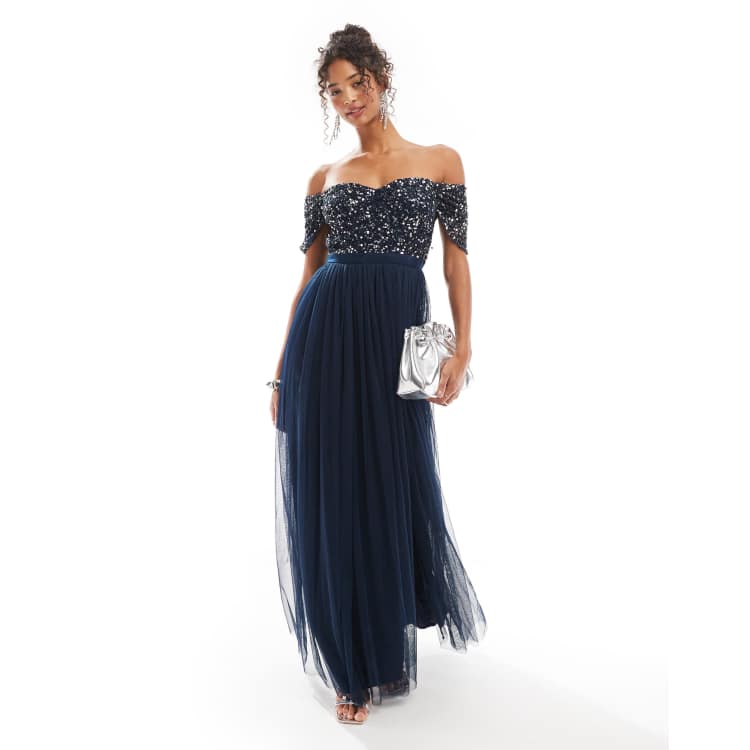 Maya Embellished sweetheart bardot bridesmaid maxi dress in navy