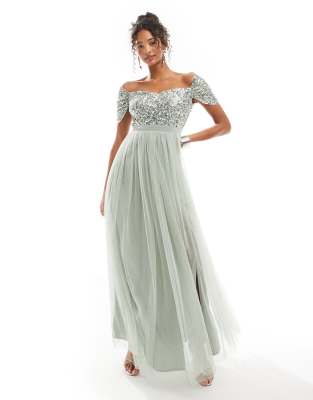 Maya Embellished sweetheart bardot bridesmaid maxi dress in sage green