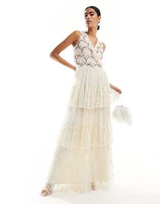 Maya Embellished Tiered Maxi Dress In Cream-white