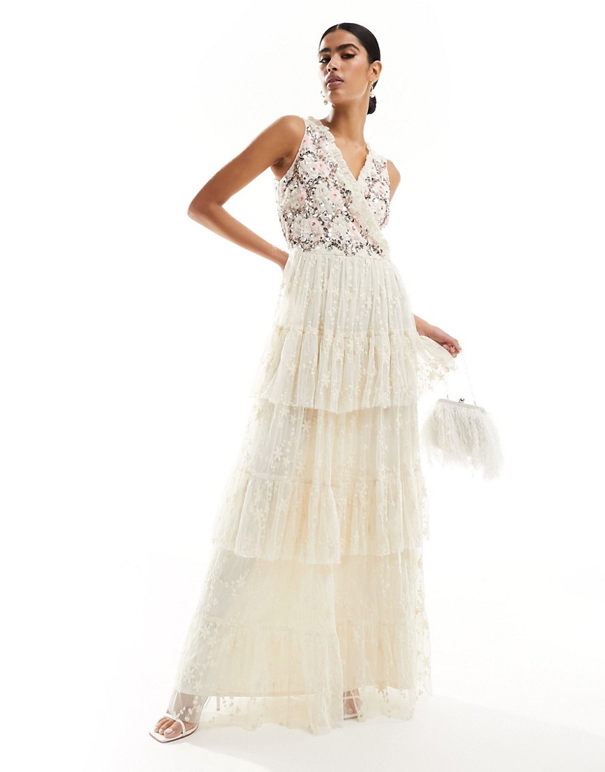 embellished tiered maxi dress in cream-White