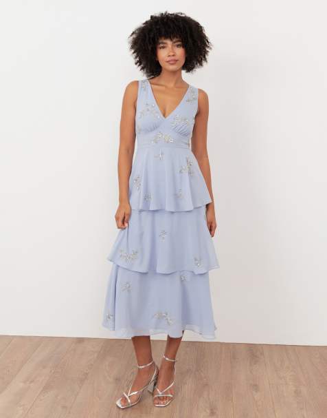 Maya Embellished tiered midaxi dress in pastel blue