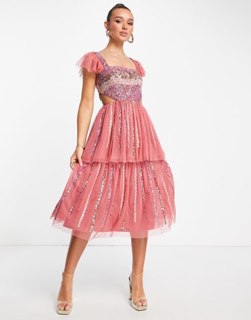 Embellished Tiered Dress with Belt