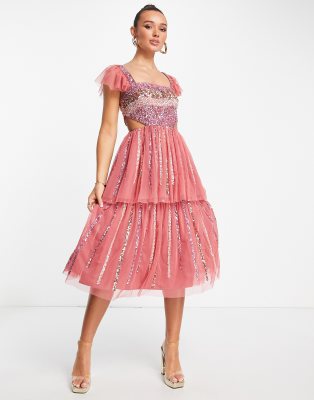 Maya embellished tiered midi dress in deep pink