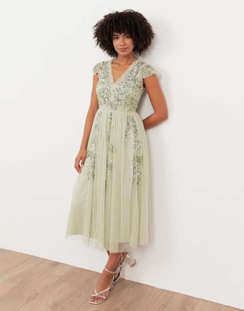 Maya Embellished tulle midi dress in meadow green - view 1
