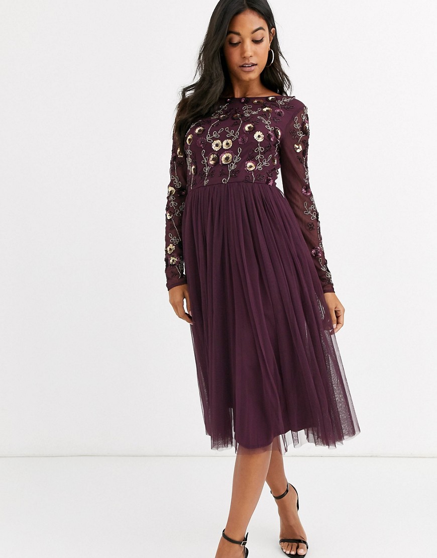 Maya embellished tulle midi dress-Purple
