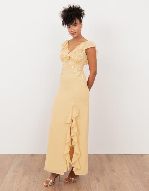 Maya Embellished v neck ruffle maxi dress in buttercream - view 1