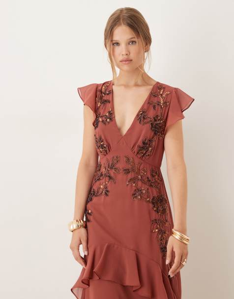 Maya Embellished v neck ruffle maxi dress in copper rose