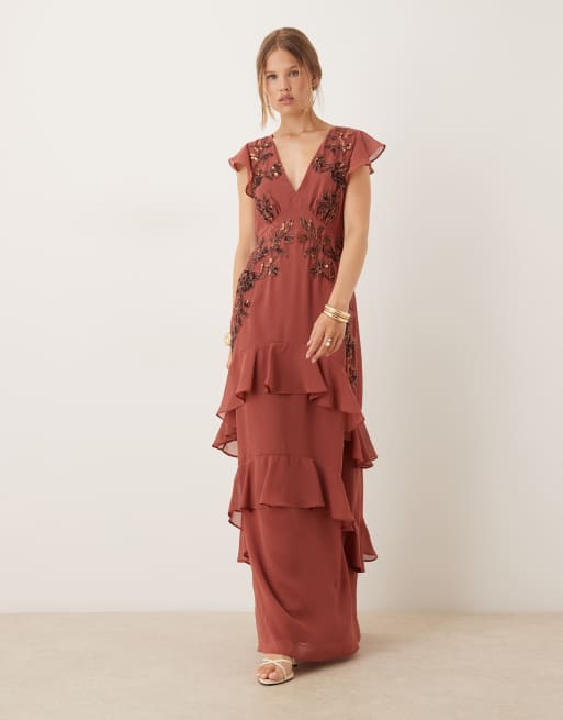 Maya Embellished v neck ruffle maxi dress in copper rose