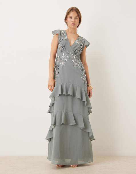 Maya Embellished v neck ruffle maxi dress in misty green