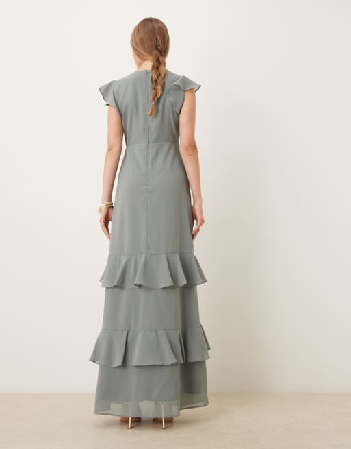 Maya Embellished v neck ruffle maxi dress in misty green | ASOS