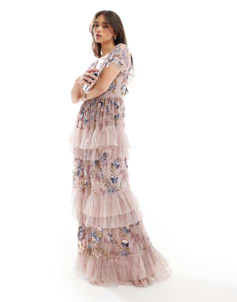 Maya Embellished v neck tiered maxi dress in frosted pink