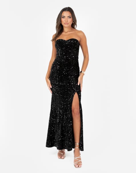 Maya Embellished velvet bandeau maxi dress in black