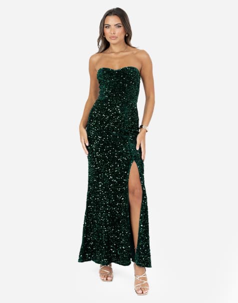 Maya Embellished velvet bandeau maxi dress in emerald