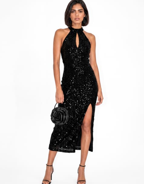 Maya Embellished velvet halter neck midi dress in black - view 1