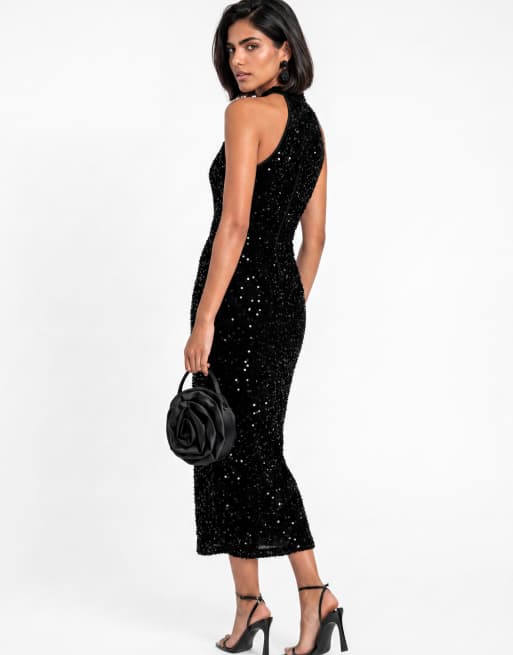 Maya Embellished velvet halter neck midi dress in black, 2 of 5