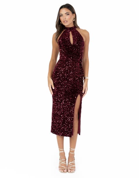 Maya Embellished velvet halter neck midi dress in burgundy - view 1