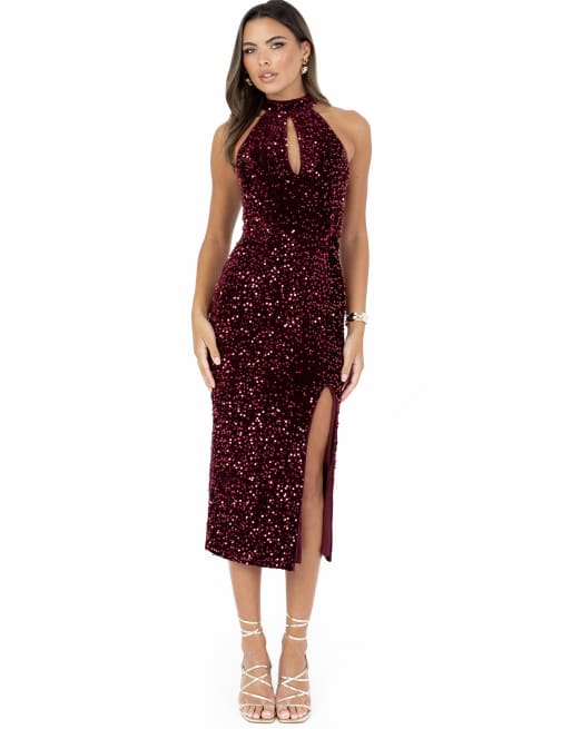 Maya Embellished velvet halter neck midi dress in burgundy, 3 of 5