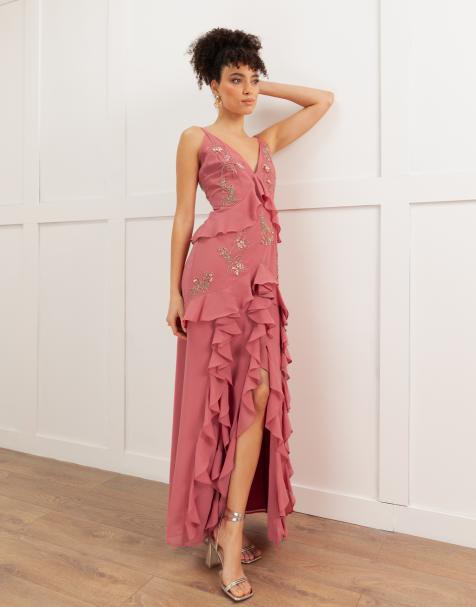 Maya Embellished waterfall ruffle cami maxi dress in pink