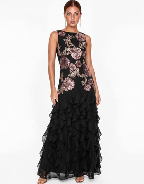 Maya Embellished waterfall ruffle sleeveless maxi dress in black - view 1