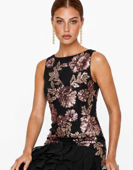 Maya Embellished waterfall ruffle sleeveless maxi dress in black, 3 of 5