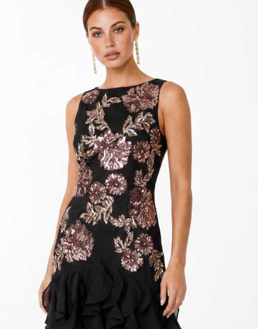 Maya Embellished waterfall ruffle sleeveless maxi dress in black, 4 of 5