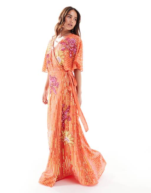 Maya embellished wrap maxi dress with all over embellishment in orange