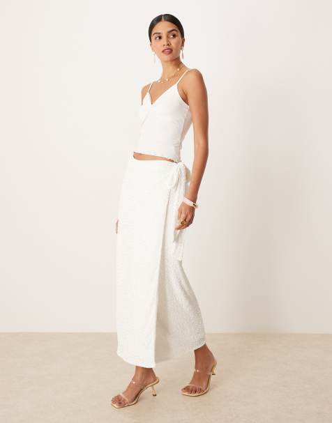 Maya Embellished wrap midi skirt in white