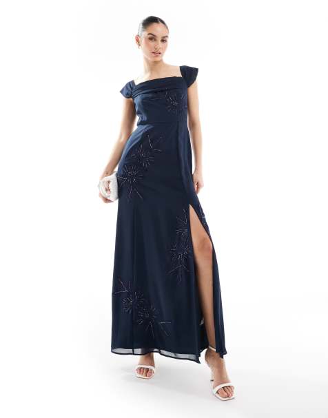 Maya Embroidered bardot maxi dress in navy - view 1