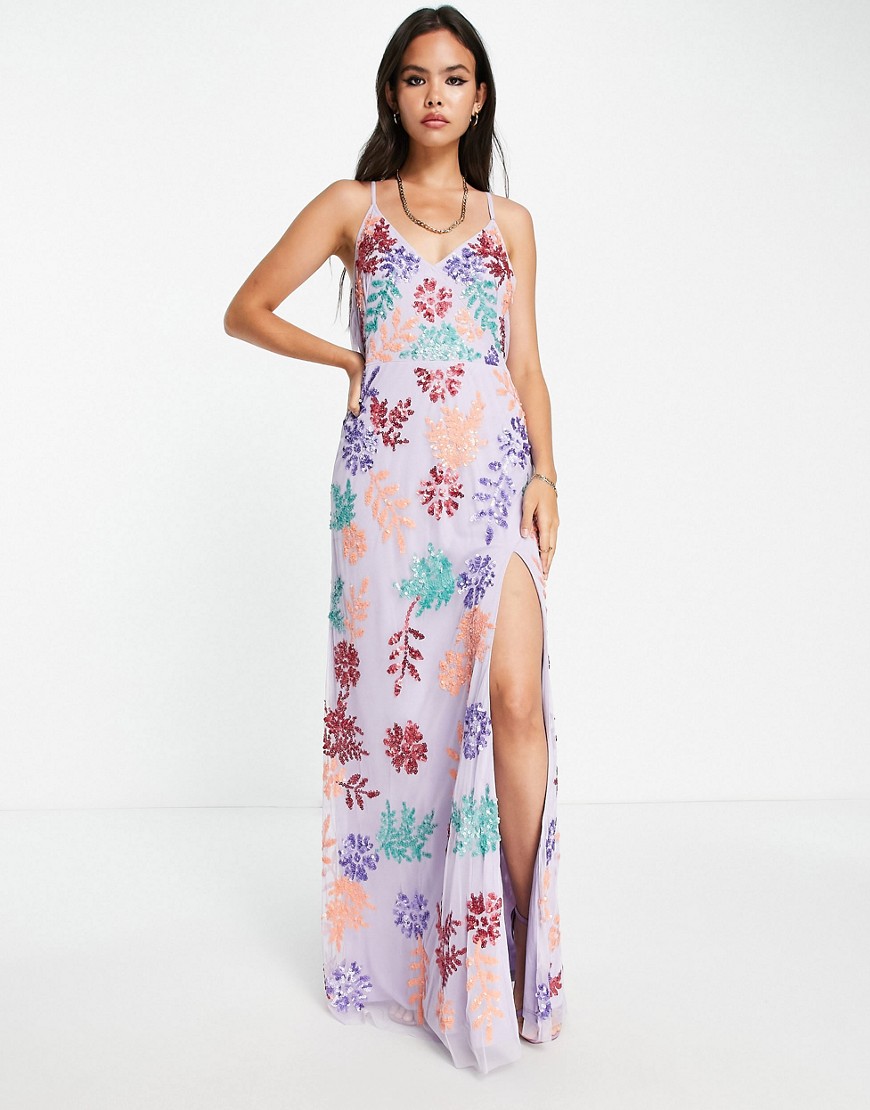 Maya embroidered cross back slip dress in lilac-Pink