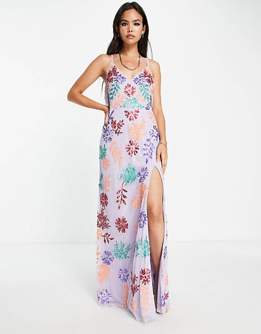 Maya embroidered cross back slip dress in lilac