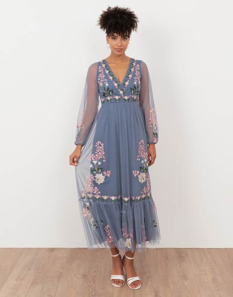 Maya Embroidered faux wrap long sleeve midaxi dress in infinity blue - view 1