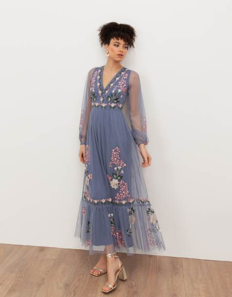 Maya Embroidered faux wrap long sleeve midaxi dress in infinity blue
