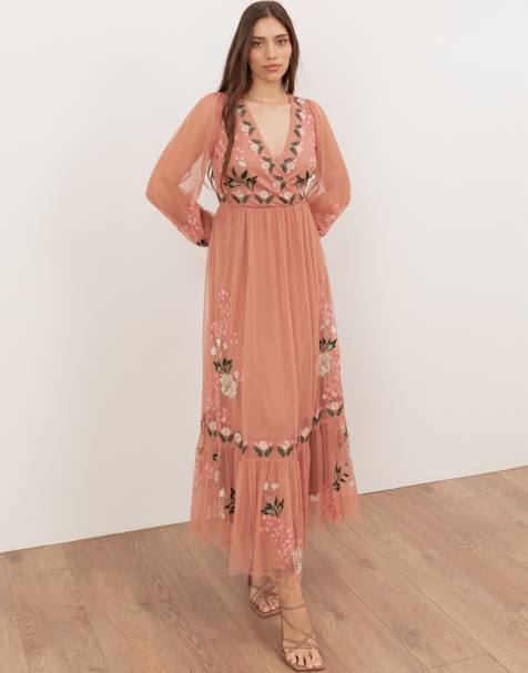 Maya Embroidered faux wrap long sleeve midaxi dress in terracotta pink - view 1