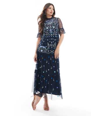 Maya Embroidered half sleeve midi dress in navy