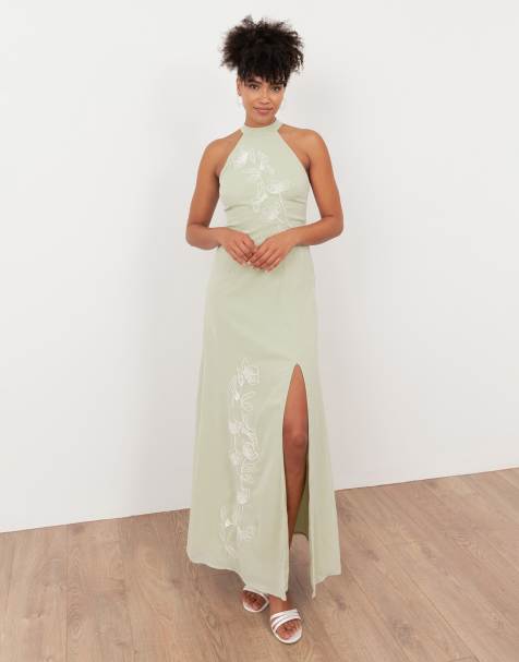 Maya Embroidered halter neck keyhole back maxi dress in meadow green - view 1