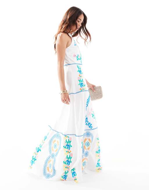  Maya embroidered halter neck  maxi dress in white