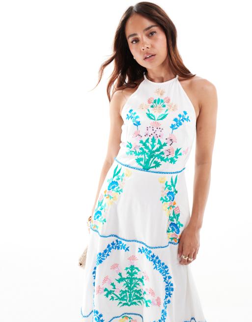Maya embroidered halter neck maxi dress in white ASOS