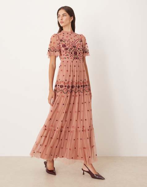 Maya Embroidered high neck maxi dress in terracotta pink