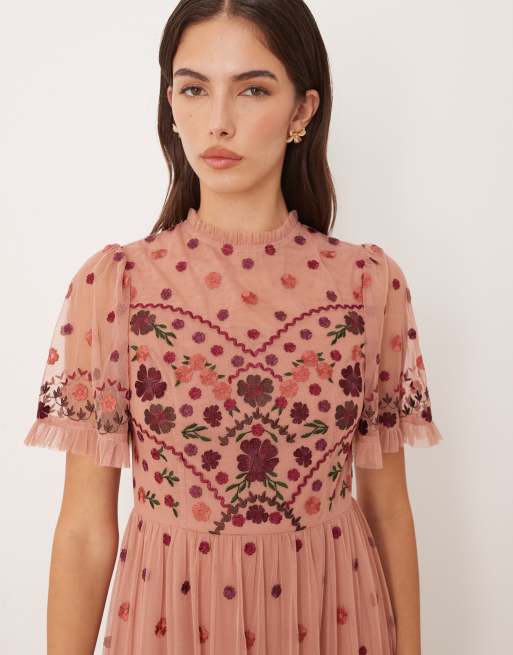Maya Embroidered high neck maxi dress in terracotta pink | ASOS