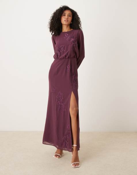 Maya Embroidered long sleeve maxi dress in berry