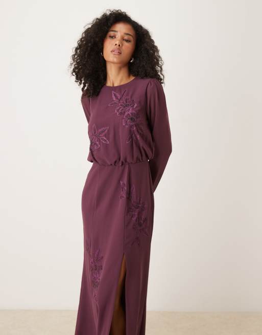 Maya Embroidered long sleeve maxi dress in berry | ASOS