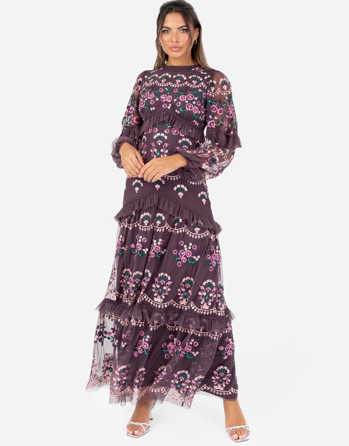Maya Embroidered long sleeve maxi dress in berry