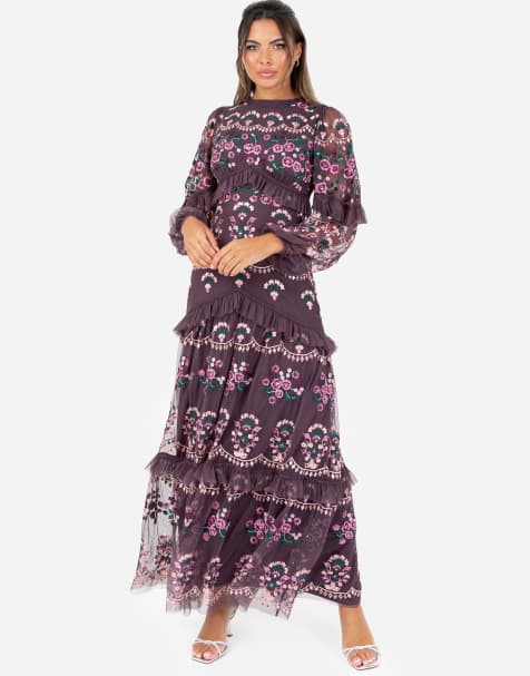 Maya Embroidered long sleeve maxi dress in berry