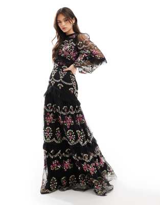 asos Maya Embroidered long sleeve maxi dress in black