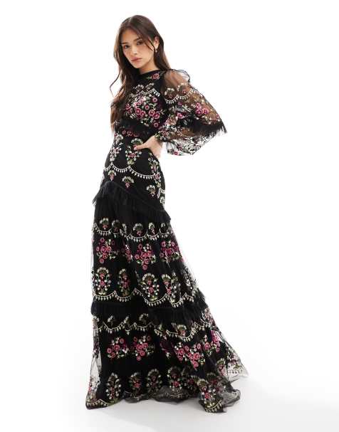 Maya Embroidered long sleeve maxi dress in black