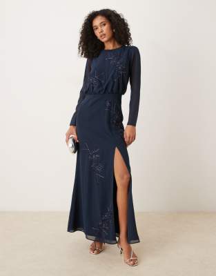 Maya Embroidered Long Sleeve Maxi Dress In Blue